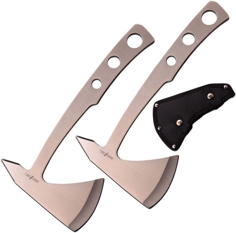 Perfect Point Stainless Steel Throwing Axe Set, 9.5 Inch Overall Length, 4mm Thick Blade, Satin Finish, 2-Pack with Nylon Sheath (Silver) - Image 2